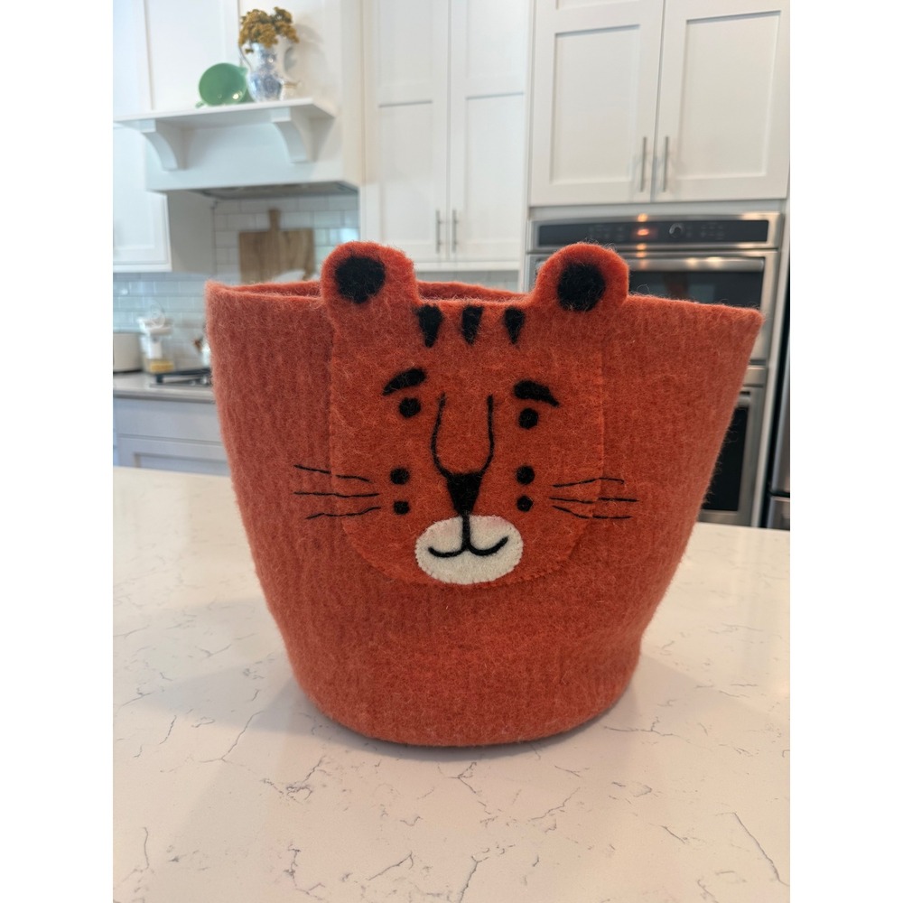 Handmade Wool Felt Tiger Storage Basket Nursery Toy Bin Orange Animal Decor